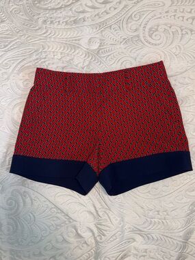 Ann Taylor Red Patterned High-Waist Shorts with Navy Trim